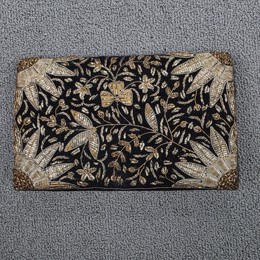 Vintage Black Velvet Zardosi‎ Embroidered Floral Clutch Bag Gold Silver India